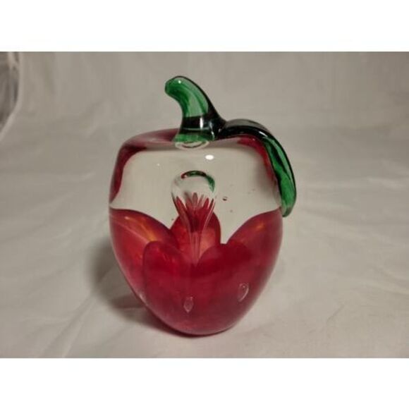Joe Rice Art Glass Paperweight Red Apple Windowed Clear Glass w/ red floral NICE - Picture 5 of 16